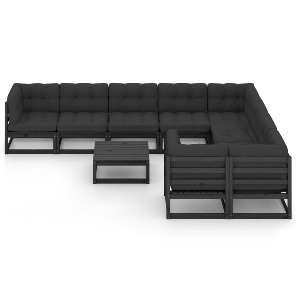 10-tlg. Garten-Lounge-Set mit Kissen Schwarz Kiefer Massivholz